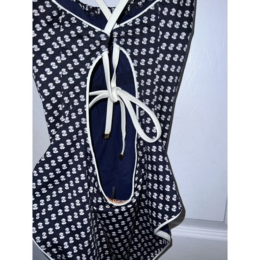 TORY BURCH One Piece Navy Ivory Trim Open Back Swimsuit Sz M